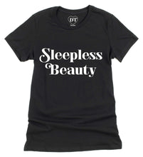 Load image into Gallery viewer, Fitted black t-shirt with Sleepless Beauty artwork screen printed across the front.
