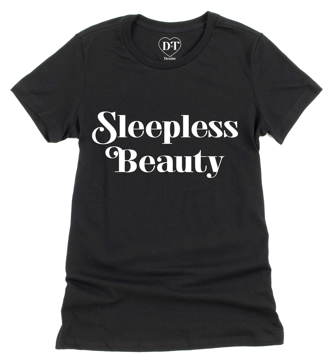 Fitted black t-shirt with Sleepless Beauty artwork screen printed across the front.