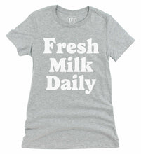 Load image into Gallery viewer, Fitted heather gray t-shirt with Fresh Milk Daily artwork screen printed across the front.
